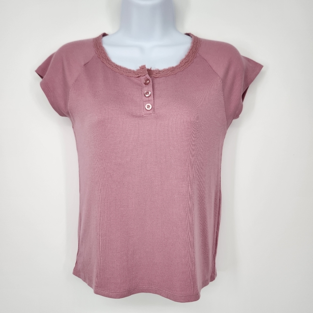Colorful Planet Womens Ribbed Henley Top Size XL Mauve Lace Trim Y2K‎ Retro 90s